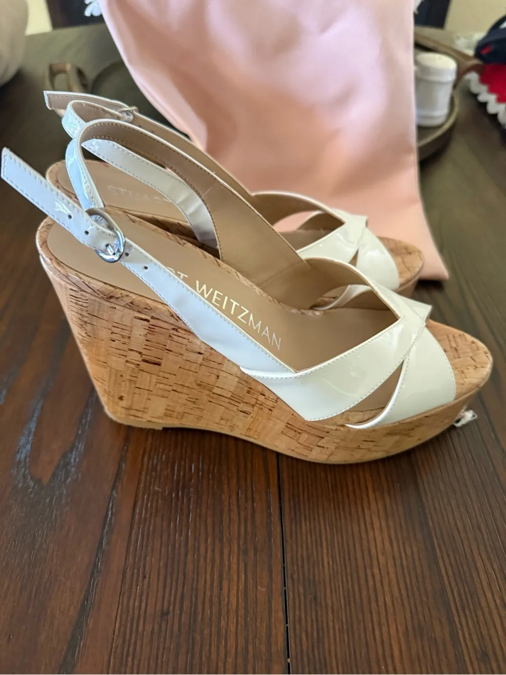 Stuart Weitzman White Patent Leather Carmen Wedge Sandals - Picture 9 of 11